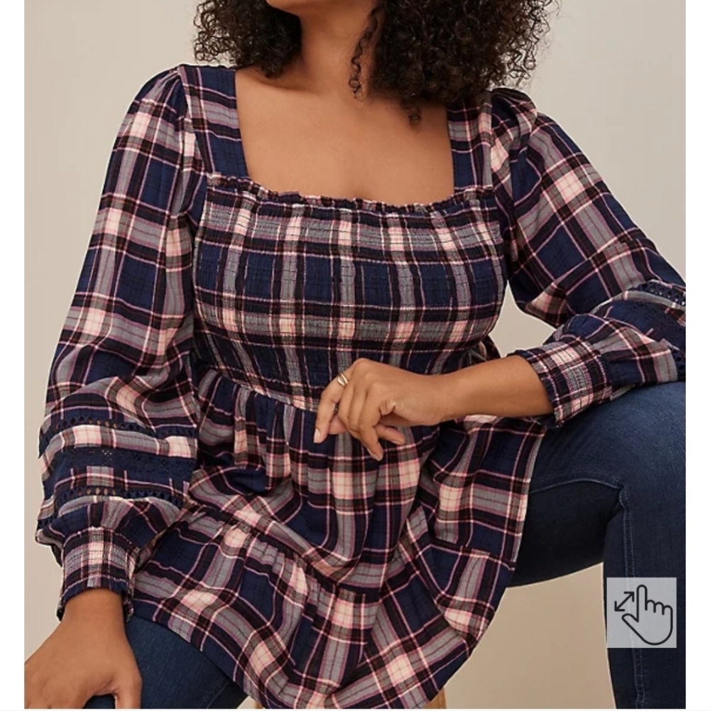 🆕️🍂🍁 1X PLAID BABYDOLL RAYON SLUB WITH LACE INSET SMOCKED TIERED TO